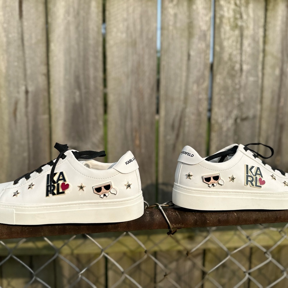 Karl Lagerfeld White Sneakers with Black and Gold Details NWOT